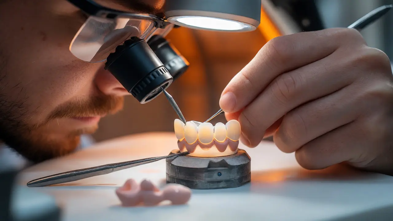 Zubní technik vrství keramiku na fazetu v laboratoři